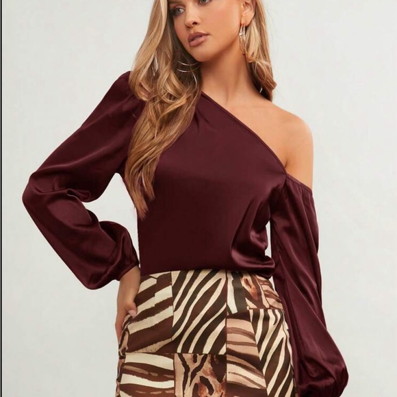 Luxe Satin Asymmetrical Neck Off One Shoulder Long Sleeve Satin Top Blouse - Picture 12 of 16
